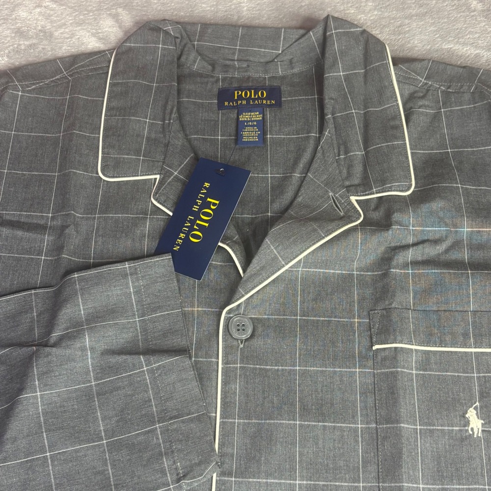 Polo Ralph Lauren Sleep Shirt Men L Grey Windowpane Check Cotton Long Sleeve NEW